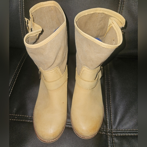 Anthropologie Lockeed Raw Leather & Canvas boots size 8.5 tan buckle shoes - Picture 2 of 10